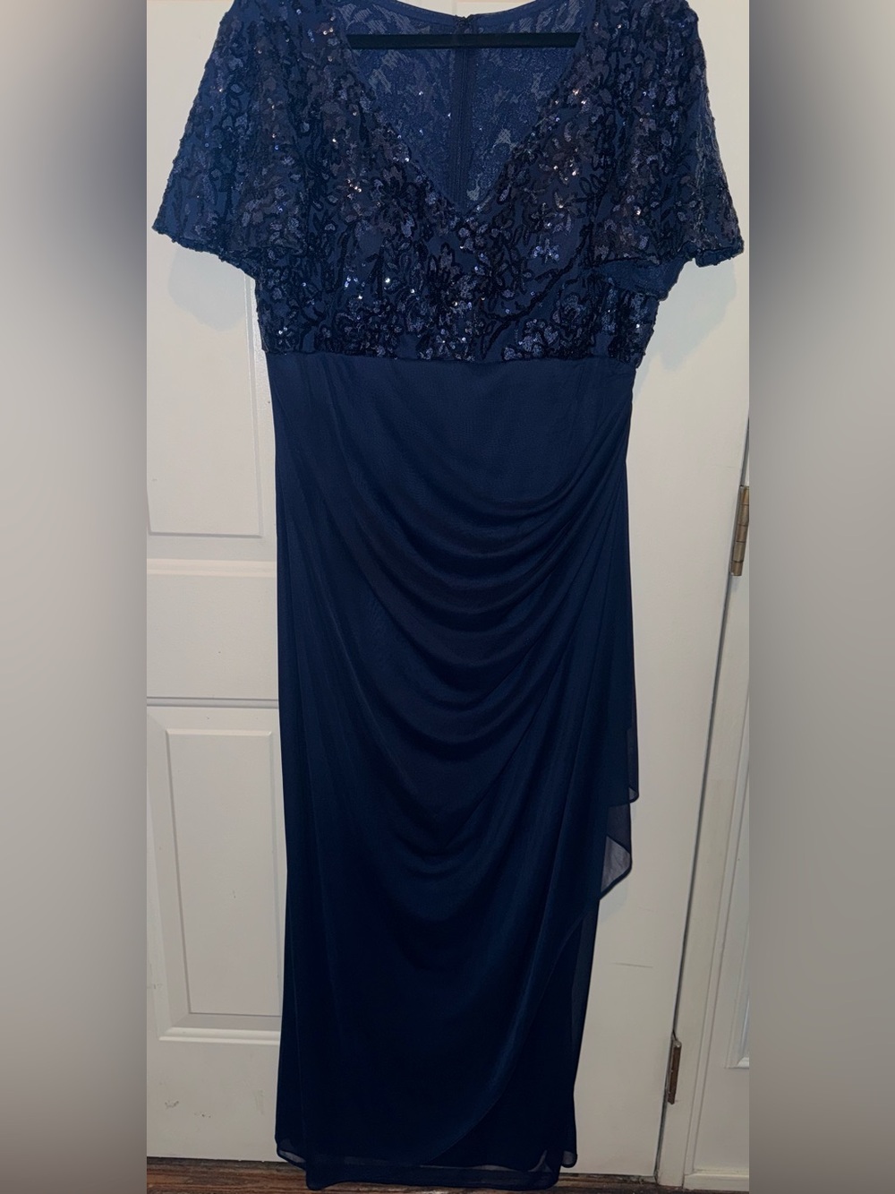 Alex Evenings Navy Blue Sequin Bodice Flutter Sleeve Long Gown Size 18 Formals - Picture 3 of 8